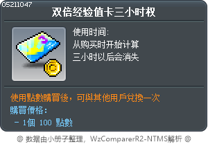 双倍经验值卡三小时权 Tooltip